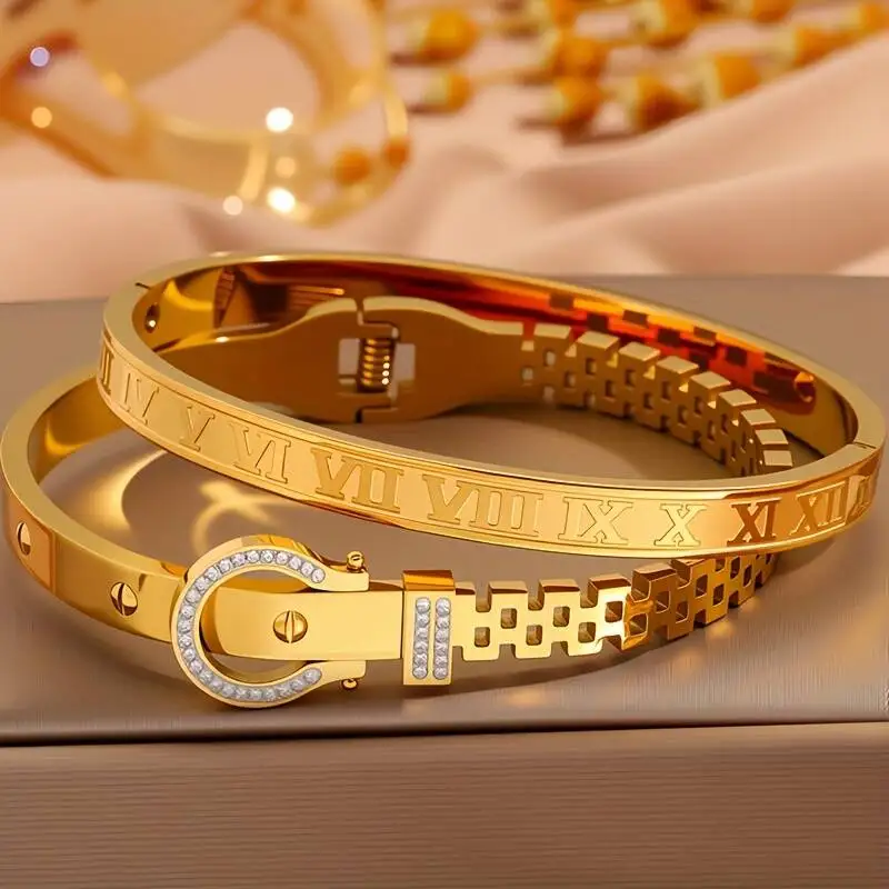 2-piece Set Of Vintage Multi-color Stainless Steel Bracelets, Unique Horseshoe Roman Pattern Design, Hypoallergenic, Durable