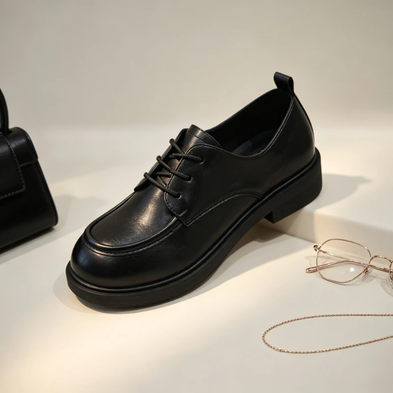 British-Style Black Lace-Up Leather Shoes for Women, Round-Toe Thick-Soled Chunky Heel Oxford Shoes, Retro College-Style Versatile Commuter Loafers