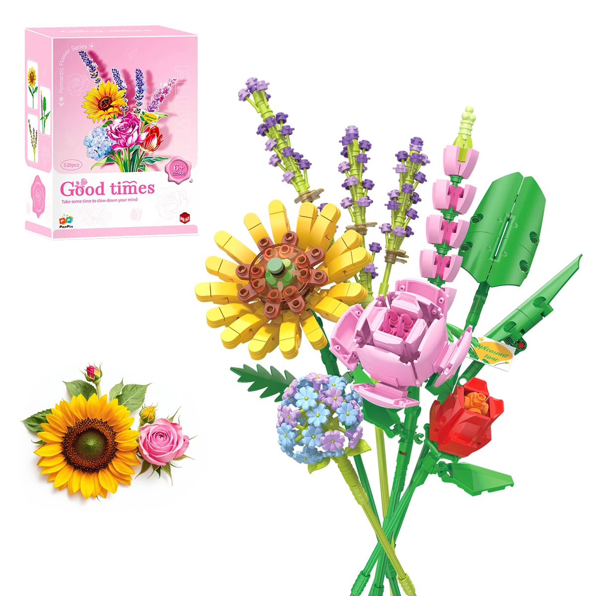 مكعبات بناء زهرة الورد ثلاثية الأبعاد نموذج باقة الطوب هدية ديكور المنزل لعبة عيد ميلاد الأطفال مع صندوق هدية عيد الأم