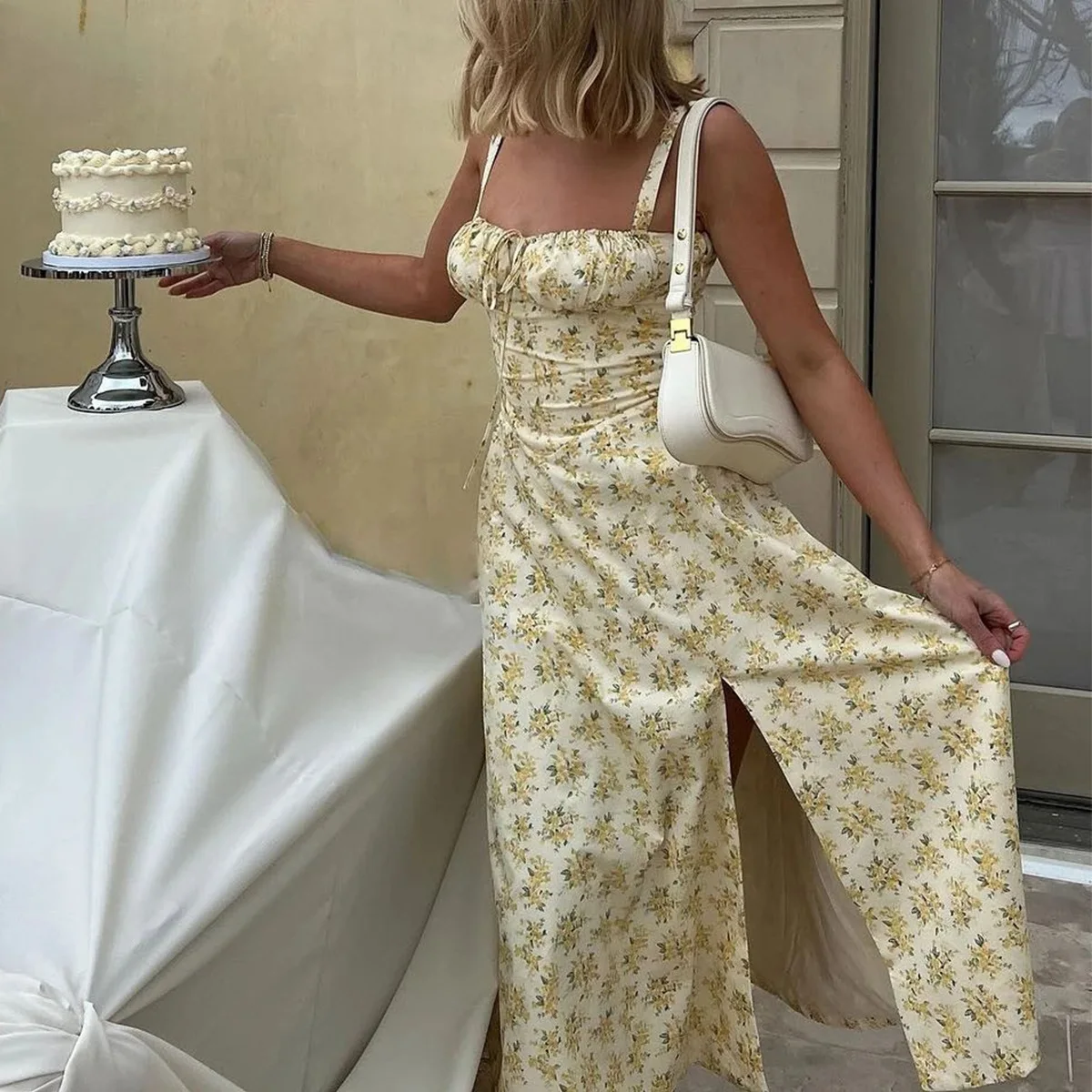 a line one piece dress Off White Woven Design Cotton Blend Panelled A-Line One Piece Dress S main image 0