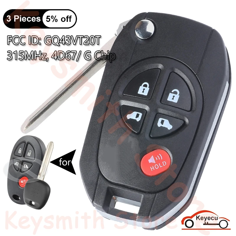 

KEYECU 5 Buttons 315MHz for Toyota Highlander 2008-2013 Sienna 2004-2020 Auto Modified Flip Remote Control Key Fob GQ43VT20T