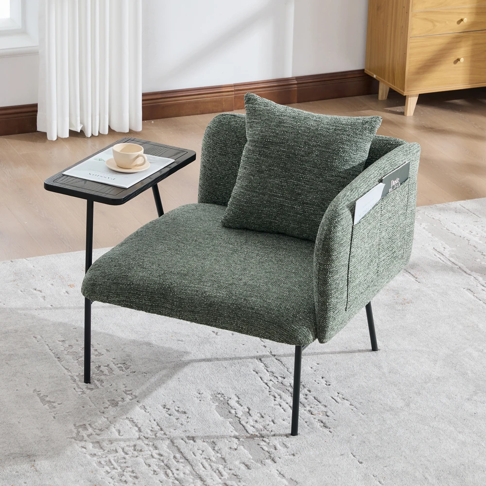 

Leisure Chair, Lounge Relaxing Chair with Small Table and Back Pillow, Modern Upholstered Chairs with Metal Legs and Side Pocket