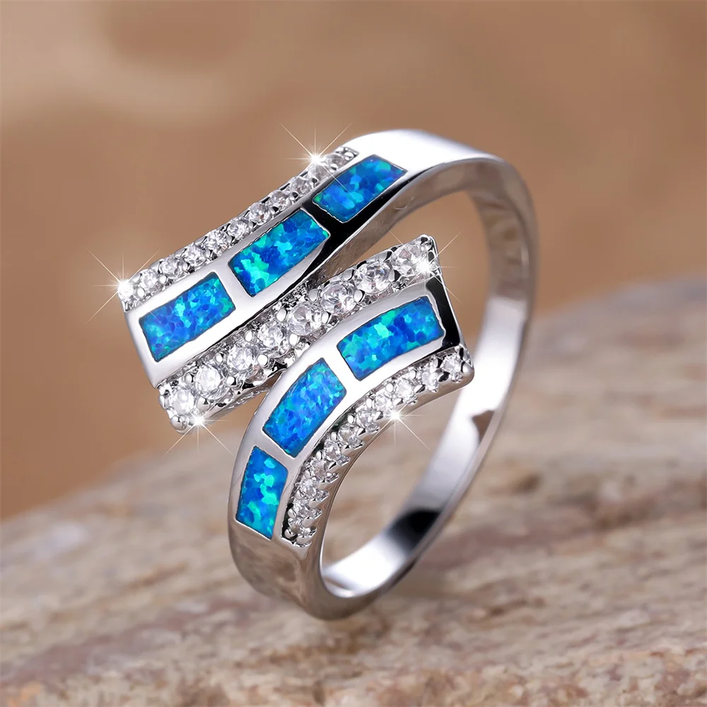 Luxury Crystal White Zircon Geometric Blue Opal Engagement Rings For Women Vintage Silver Color Wedding Band Jewelry Mother Gift