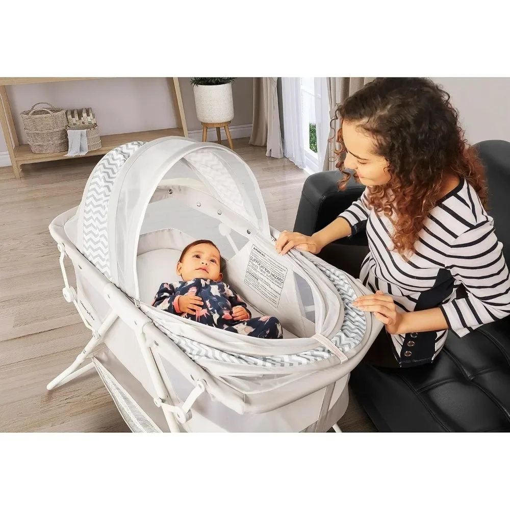 Bassinet dalam warna abu-abu, Bassinet bayi portabel ringan, lipat cepat dan mudah dibawa, kanopi ganda dapat disesuaikan