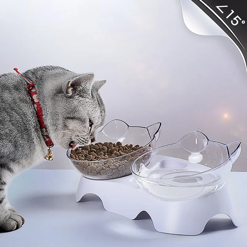 Double Cat Bowl with Raised Stand, 15 Degree Tilt, Pet Dog Protect, Cervical Vertebrae, Water Feeder Dispenser