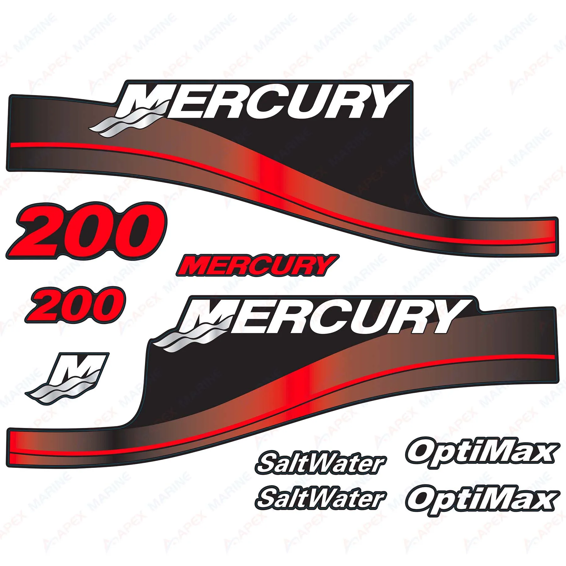 Decals for Mercury 200 hp OptiMax SaltWater Outboard Engine Red Decal Kit Sticker Set Reproduction 200HP Salt Water Opti Max