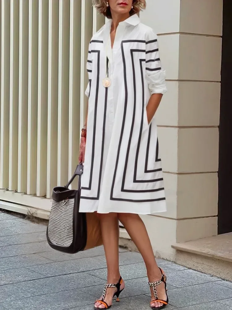 Yeezzi 2025 New Urban Women Lapel Shirts Dress Office Ladies Long Sleeves Fashion Striped Printed Buttoned H-line Midi Dresses