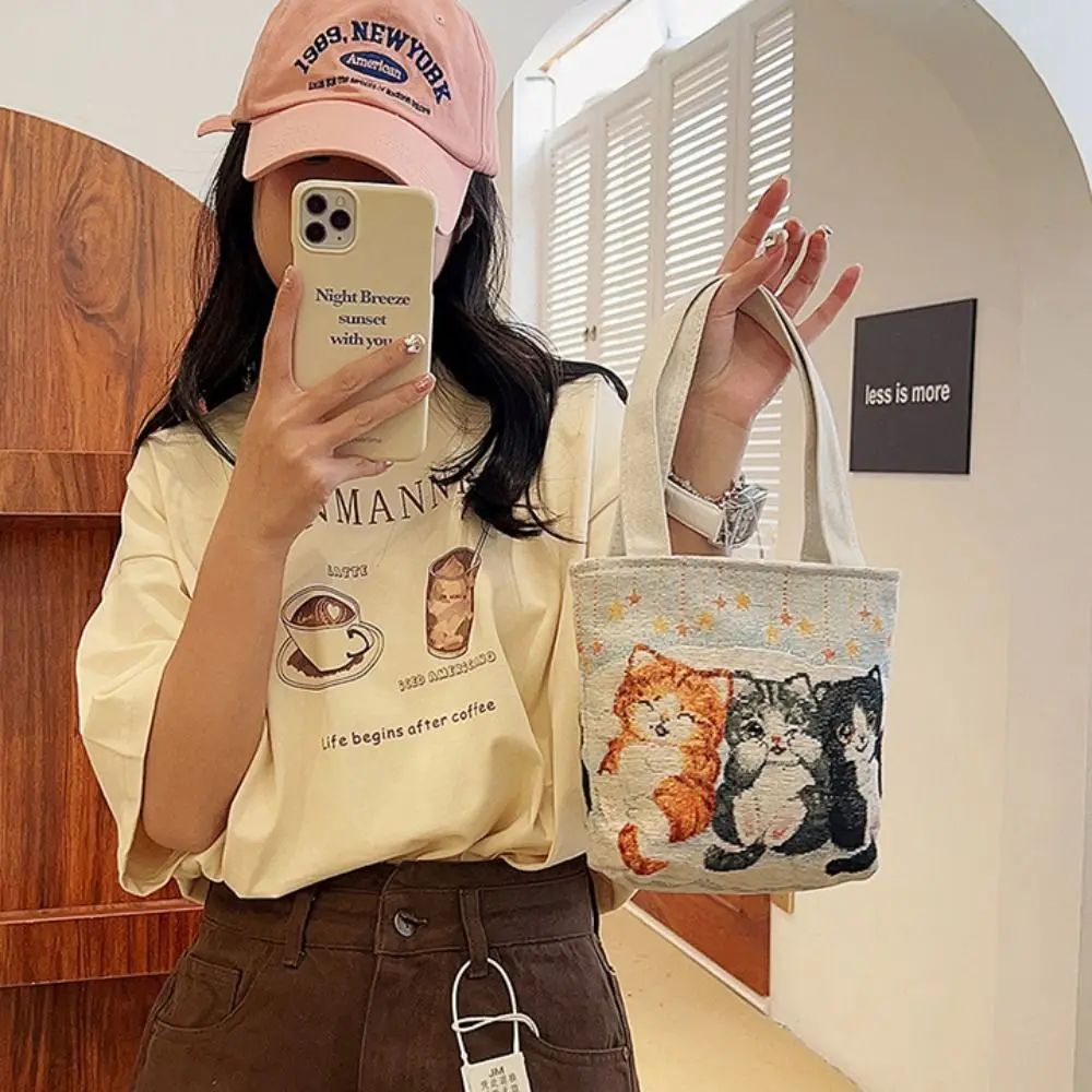 ポータブル蝶刺繍エスニックスタイルハンドバッグ猫鳥キャンバストートバッグプリントショッピングバッグフラワーショルダーバッグデイリー