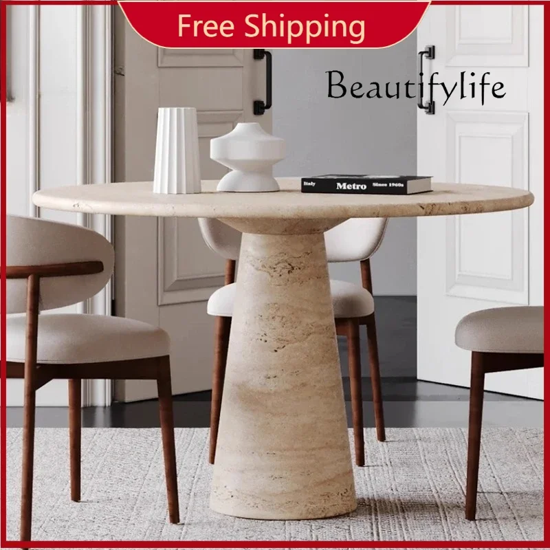 N44  Nordic light luxury natural travertine dining table marble round dining table simple small apartment home high sense