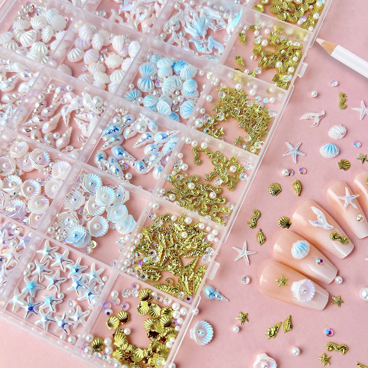 1Box 3D Creative Sea Star Shell Tail Resin Nail Art Accessories Mini Gold Seahorse Conch Thin Flakes Alloy Nail Charms DIY Nails view 4