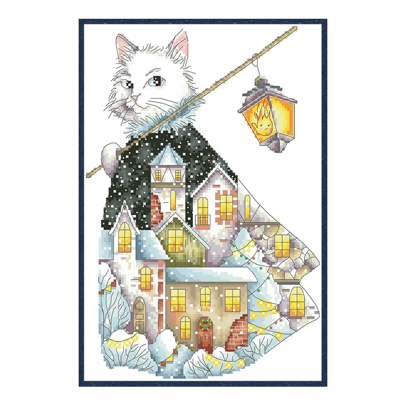 Christmas Cat Cross Stitch Patterns Kits Printed Needlework Sets Animal Embroidery Paintings 11CT 14CT Diy Crafts Home Decoratio