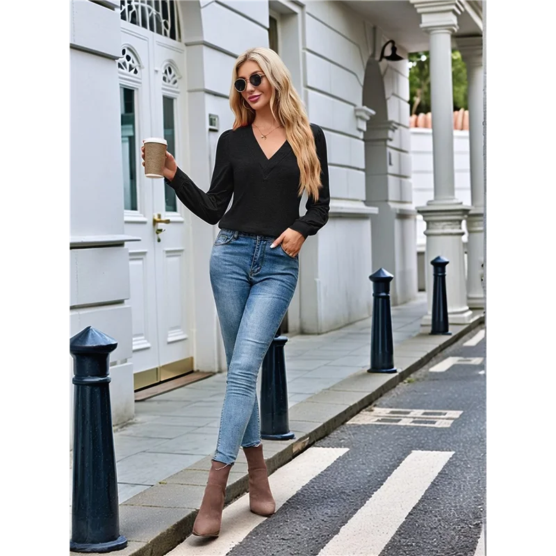 ABUM-Womens V Neck Long Sleeve Tops Dressy Casual Fall Shirts Puff Sleeve Loose Tunic Trendy Tops Blouses