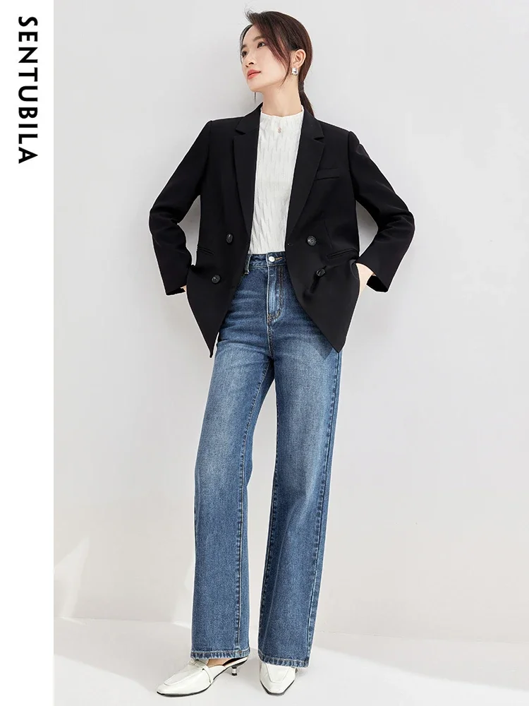 SENTUBILA Black Tailoring Blazer Women 2025 Elegant Notched Double Breasted Jacket New In Outerwears Woman Clothing 133X49854