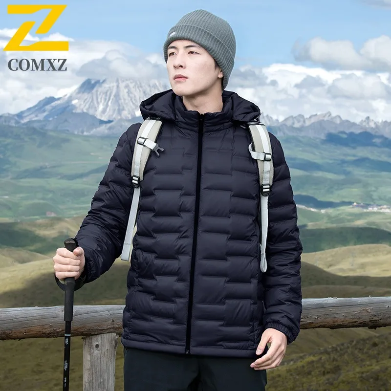 سترة COMXZ الفاخرة للرجال بغطاء للرأس لتسلق الجبال في الهواء الطلق، معطف منتفخ خفيف الوزن للتخييم، معطف شتوي مريح مقاوم للرياح