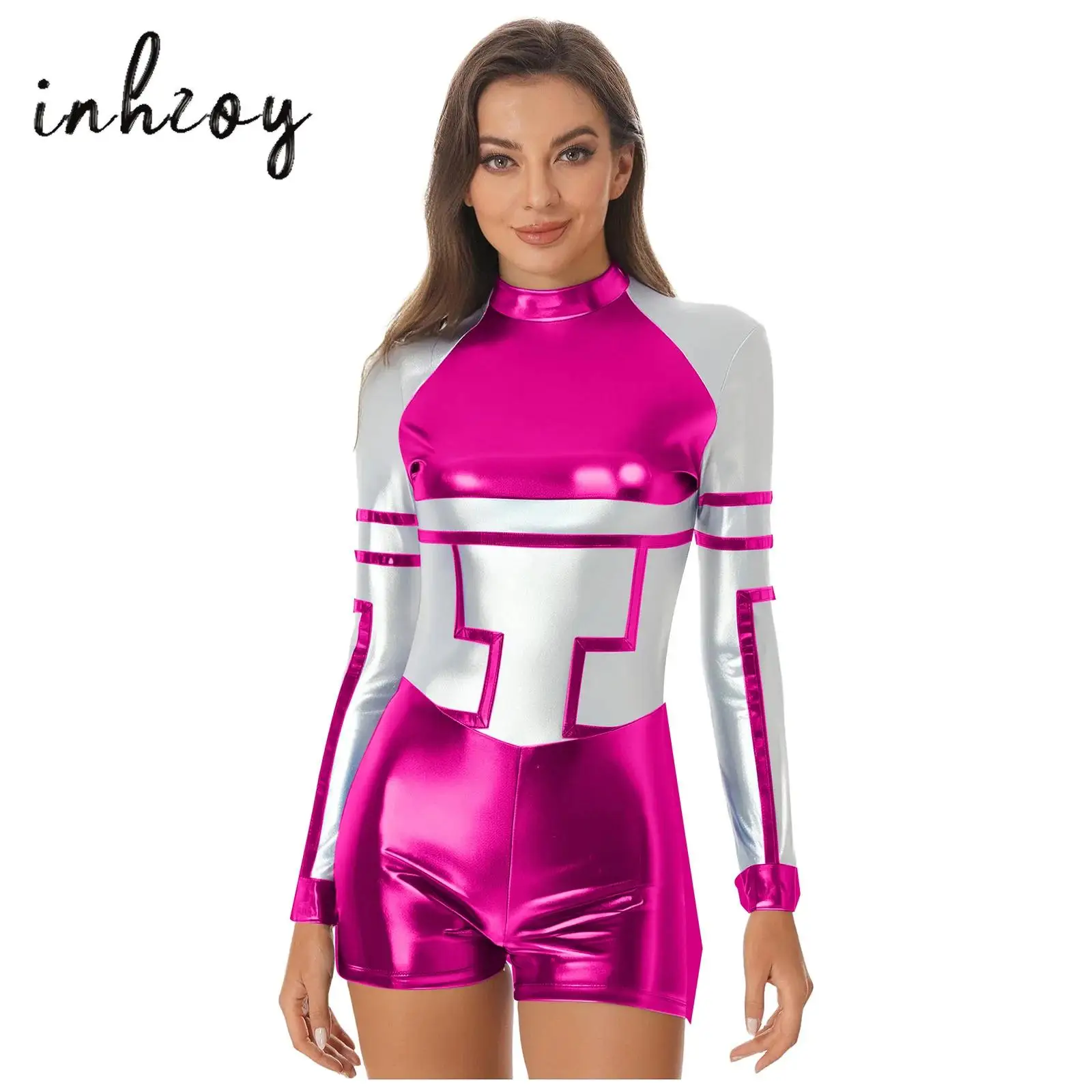 

Women Halloween Alien Robot Cosplay Jumpsuit Contrast Color Metallic Long Sleeve Bodysuit Theme Party Astronaut Space Catsuit