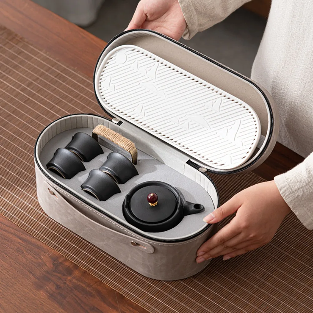 

High end rough pottery travel outdoor tea set, instant cup, portable tea maker, one pot, four cups, portable tea pot, gift