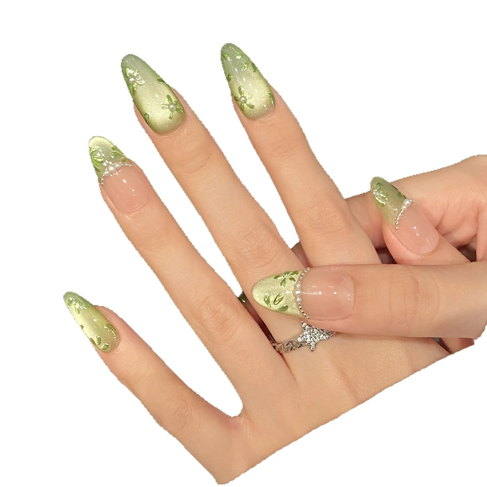 10 個手作りフレンチプレス爪グリーンフラワープリントオーバルデザイン偽爪ウェアラブルグリッターグリーンキャットアイ偽ネイルチップ
