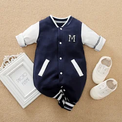 Baby Long Sleeved Jumpsuit Spring And Autumn Boys And Girls Baseball Suit Letter Embroidered Cotton Soft 0-18m One Piece Set