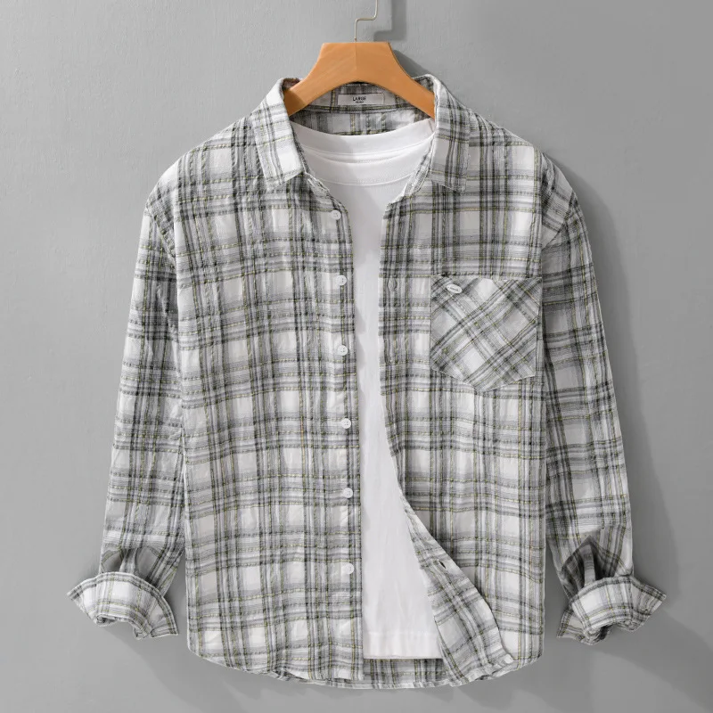 9933 Vintage Classic Men's Plaided Shirts for Men Spring Summer Fashion Long Sleeve Loose Casual Blouse Sun-protection Tops Male