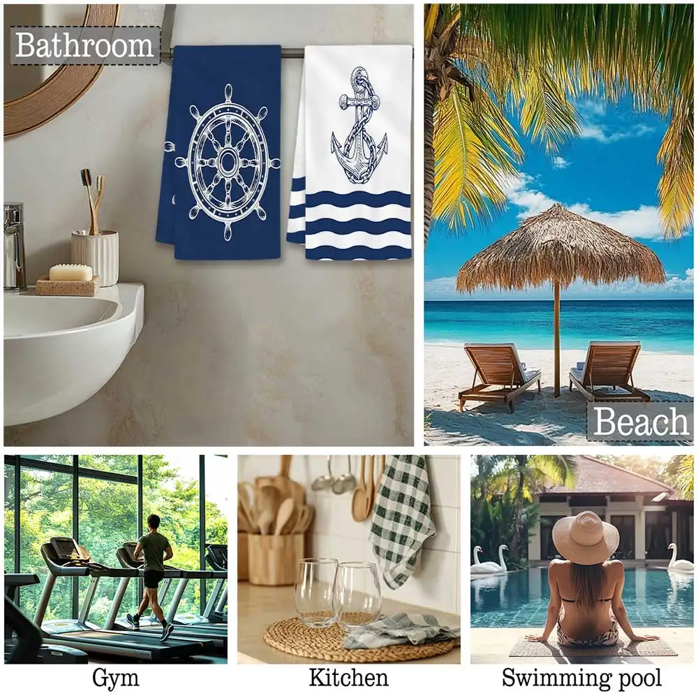 Jit 2pcs Nautical Ship Wheel Anchor Pattern Dish Towels For Home Kitchen Beach House Decor