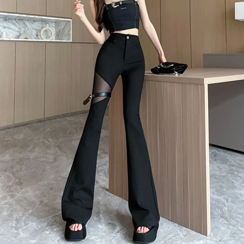 Sexy Flare Pants Women Clothing 2023  New Bottoms High Waist Tunic Fashion Trousers Patchwork Gauze Black Y2k Pantalon Femm