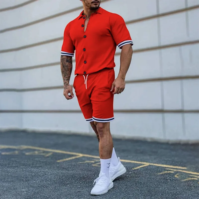 New men's suit spring and summer solid color lapel buttoned short-sleeved shorts cardigan gentleman sports suit men's fashion