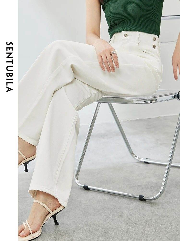 SENTUBILA Straight White Jeans Women Wide Leg Cotton Denim Pants 2024 Spring Autumn Woman Casual High Stree Trousers W41N53911