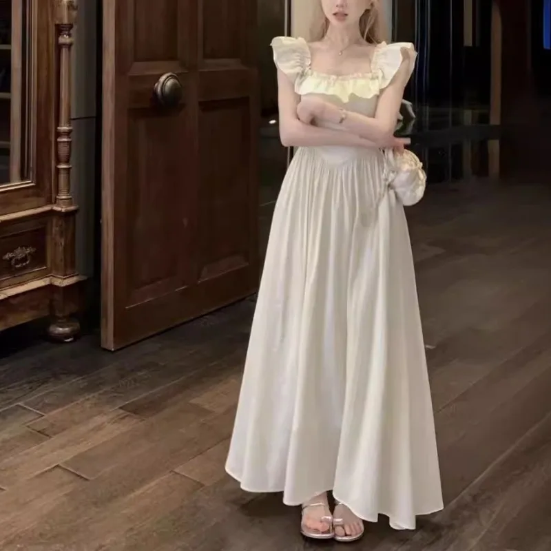 2025 Nieuwe Zomer Zoete Lange Jurk voor Vrouwen Elegante Vierkante Kraag Ruche Witte Fee Jurken Temperament Hoge taille Vestidos