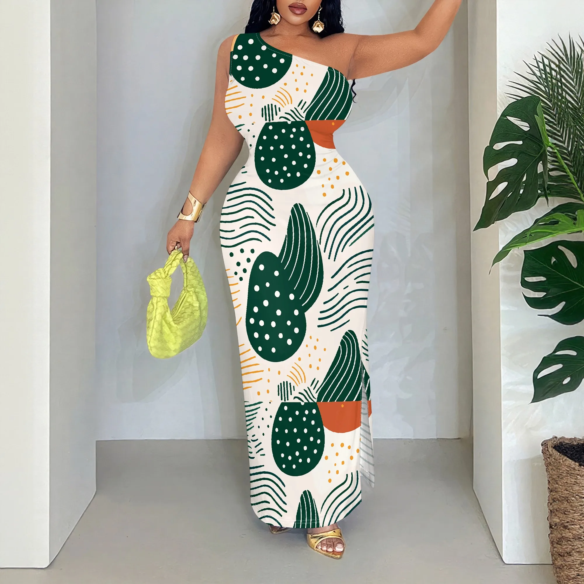 

Green Cactus Print, One Shoulder Dress, Sleeveless Maxi Gown, Boho Summer Style, Vacation Beach Wear, S-2XL