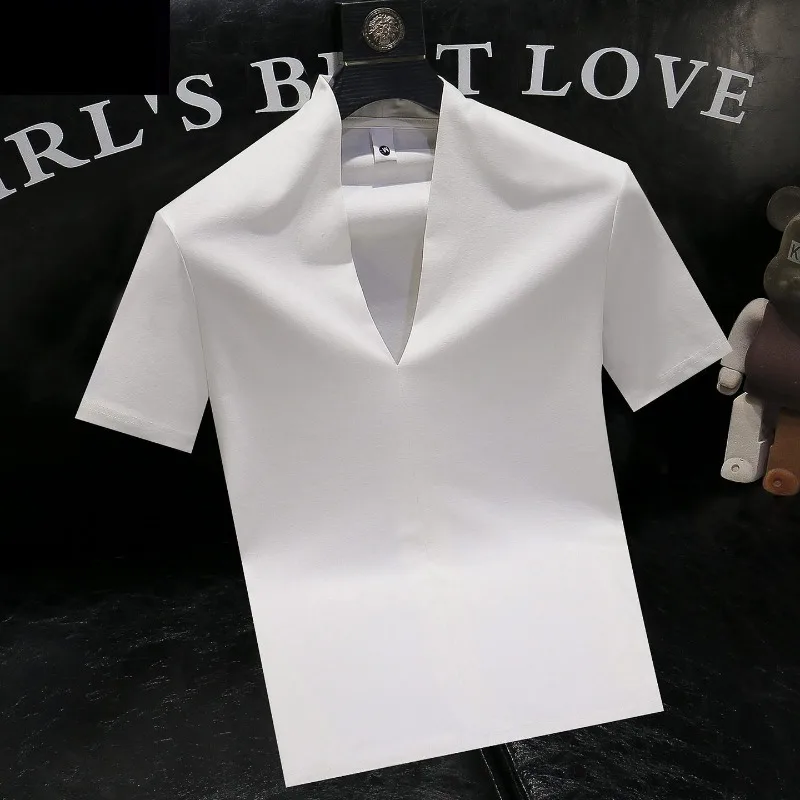 New Men's T-Shirt Basic White Deep V-Neck Short Sleeve Slim Fit Bodybuilding Workout Tees Comfortable Summer Versatile T-Shirts