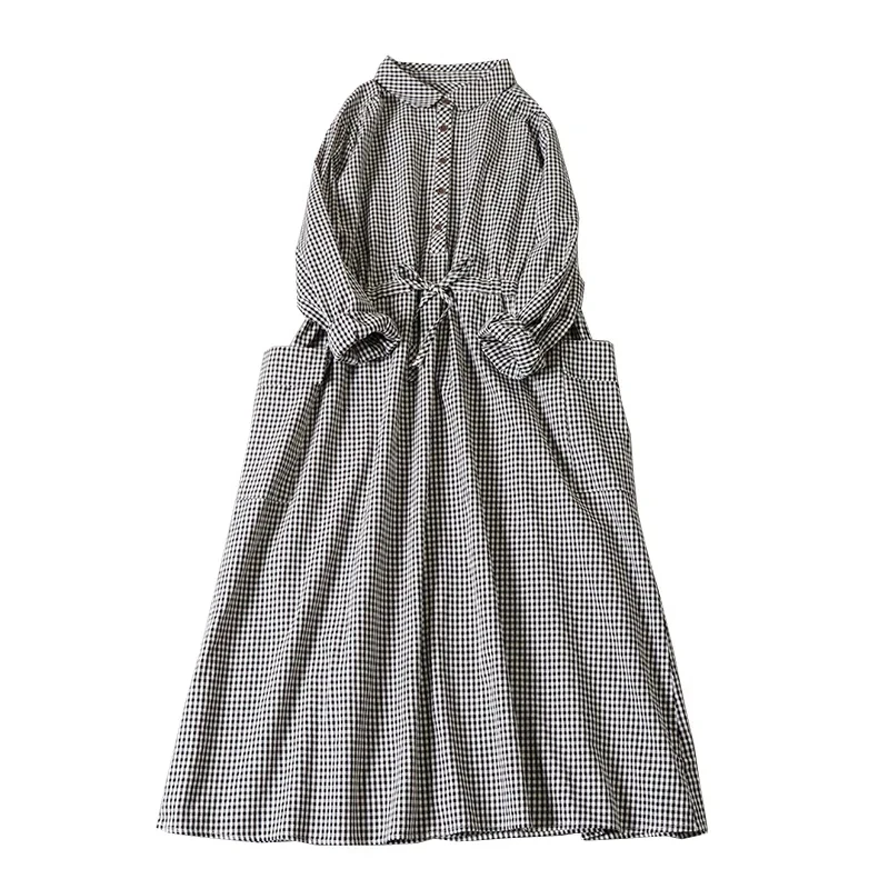 High-end japonês Sle Plaid irt Dr feminino Midi longo Sve algodão linho Dr colarinho cintura alta botão único A-...