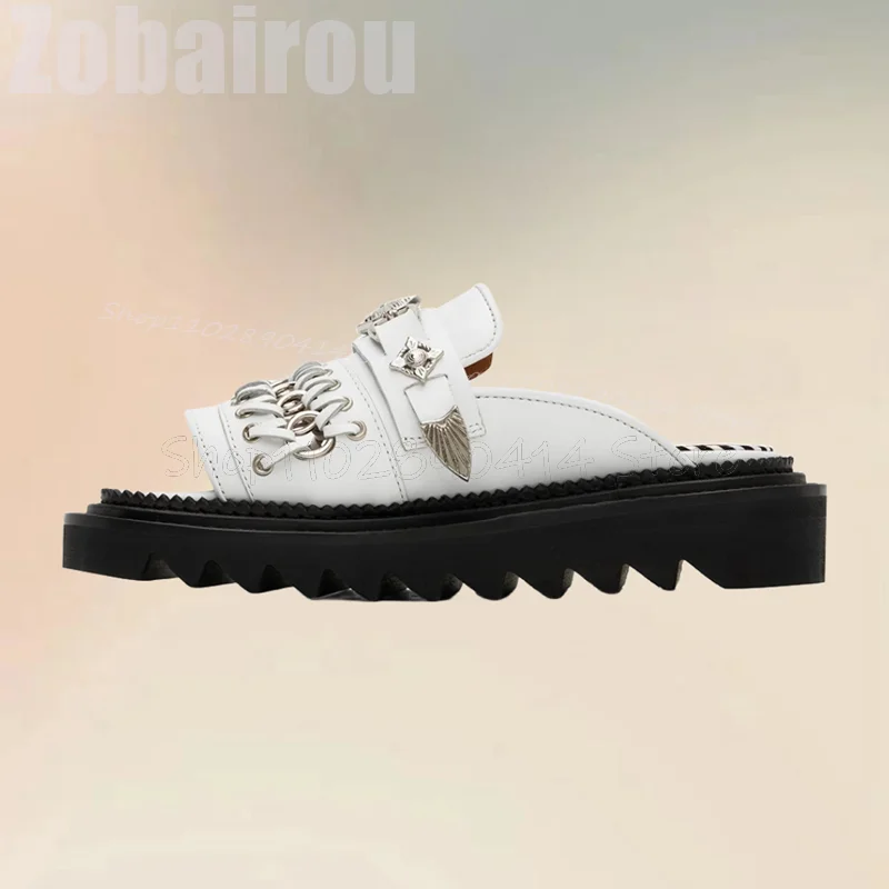 Metal Decor Black Knitted Design Open Toe Slippers Fashion Slip On Men Shoes Luxurious Handmade Party Banquet Men Casual Shoes