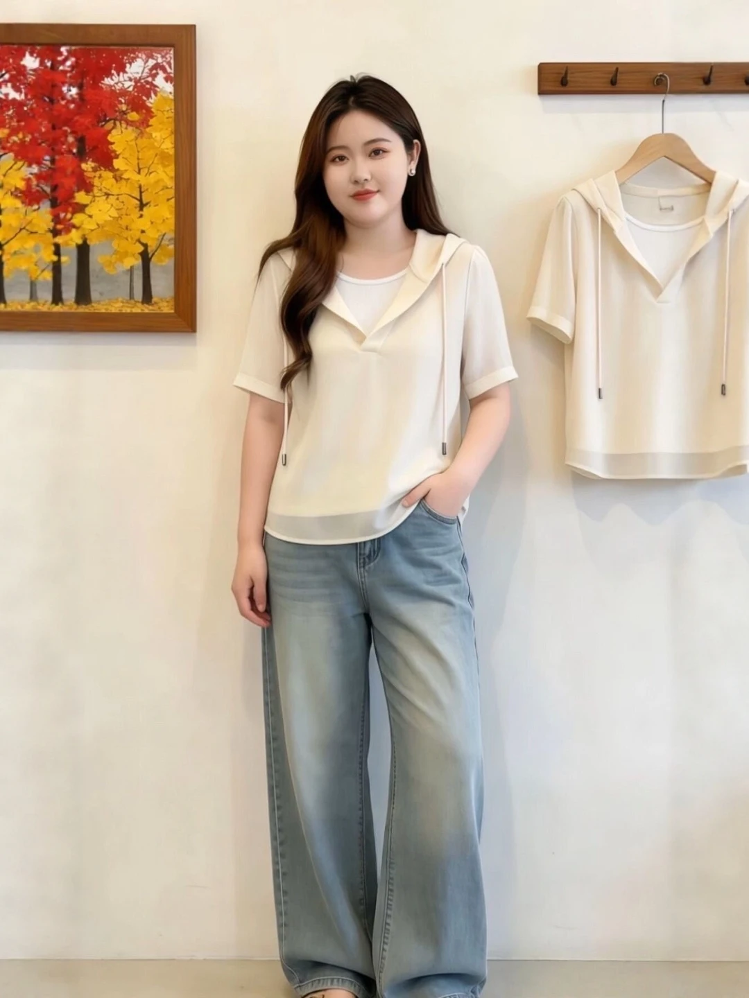 

plus Size Hoodie Short Sleeve T-Shirt Women Summer Style Conceal Meat Slimming Good Looking Top Korean Version Creative Pattern