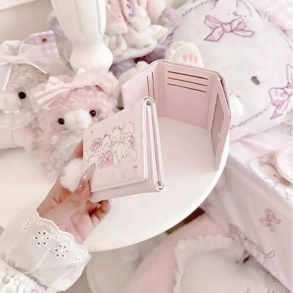 Modny Portfelik Krótki z Nadrukiem Kota Kawaii Składany Portmonetka ze Skóry PU Różowy Wielofunkcyjny Etui na Karty Kredytowe Damski Dziewczęcy Podróżny
