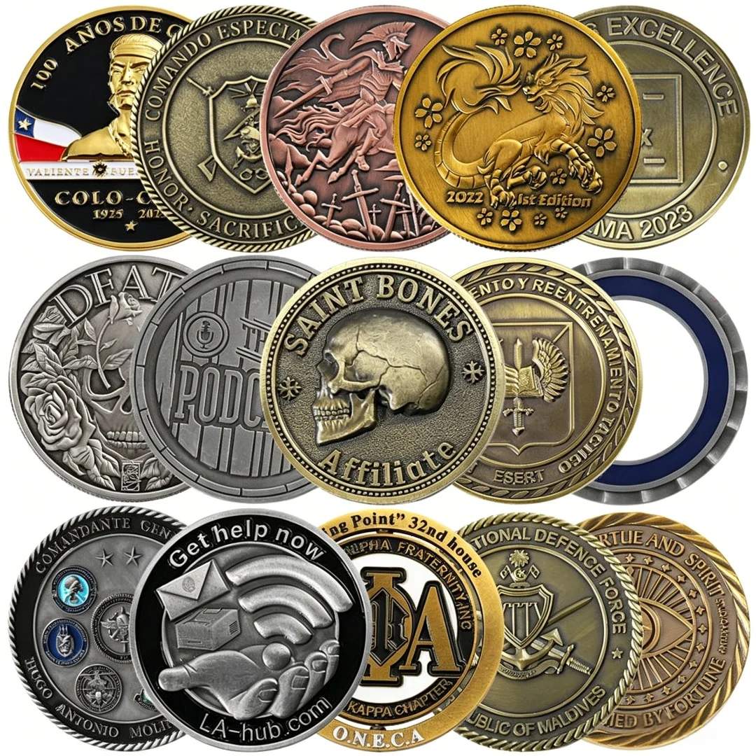 

Custom Antique Gold Silver Brass Plated Challenge Coin Die Stamped Zinc Alloy 3D Token Coin Metal Custom Coins Collections