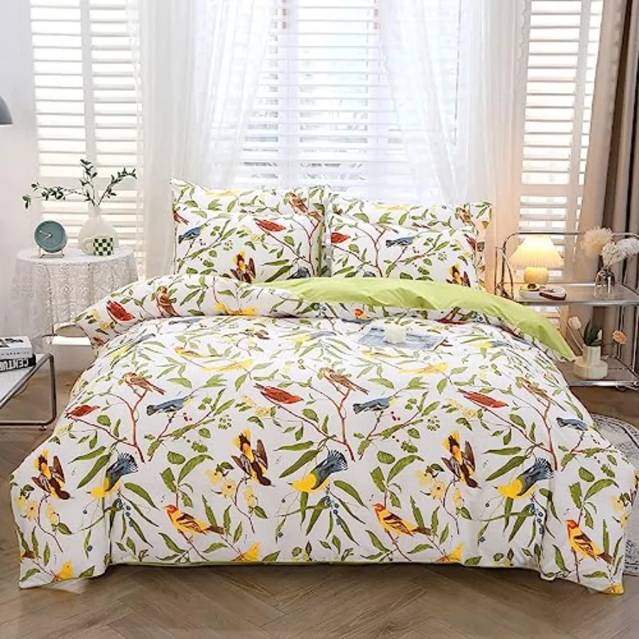 

Birds Duvet Cover Set Twin Size 100% Cotton Cute Bird Comforter Fall Leaf Printed Bedding Set for Breathable Duvet Cover Sets B