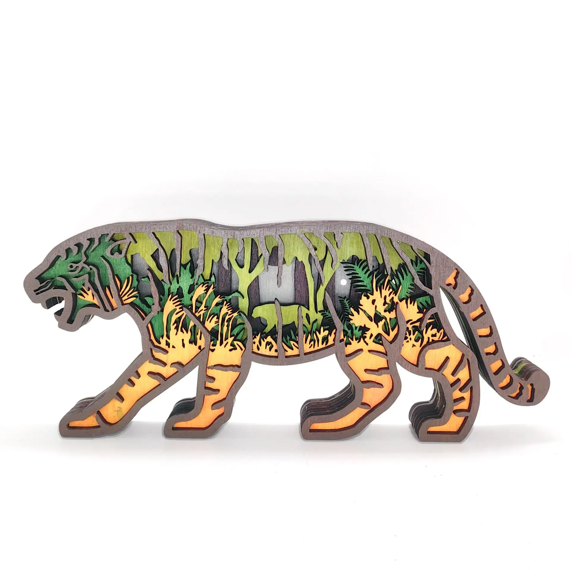 New Figures Wooden Carved Tiger Statue with Led Light Cute Room Home Deocr Wall Decoration Sculptures Animals Shapes Hallowed