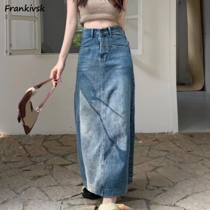 Denim Long Skirts Women High Waist Vintage Back-slit Design Elegant Baggy A-line Faldas Korean Fashion Youthful College Girls