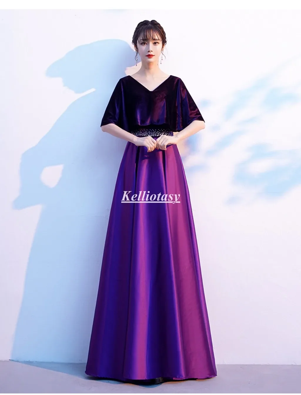 

Customized Purple Bridesmaid Dresses With Short Sleeves Aline Satin Elegant Women Party Dress With Beaded Belt YSM166