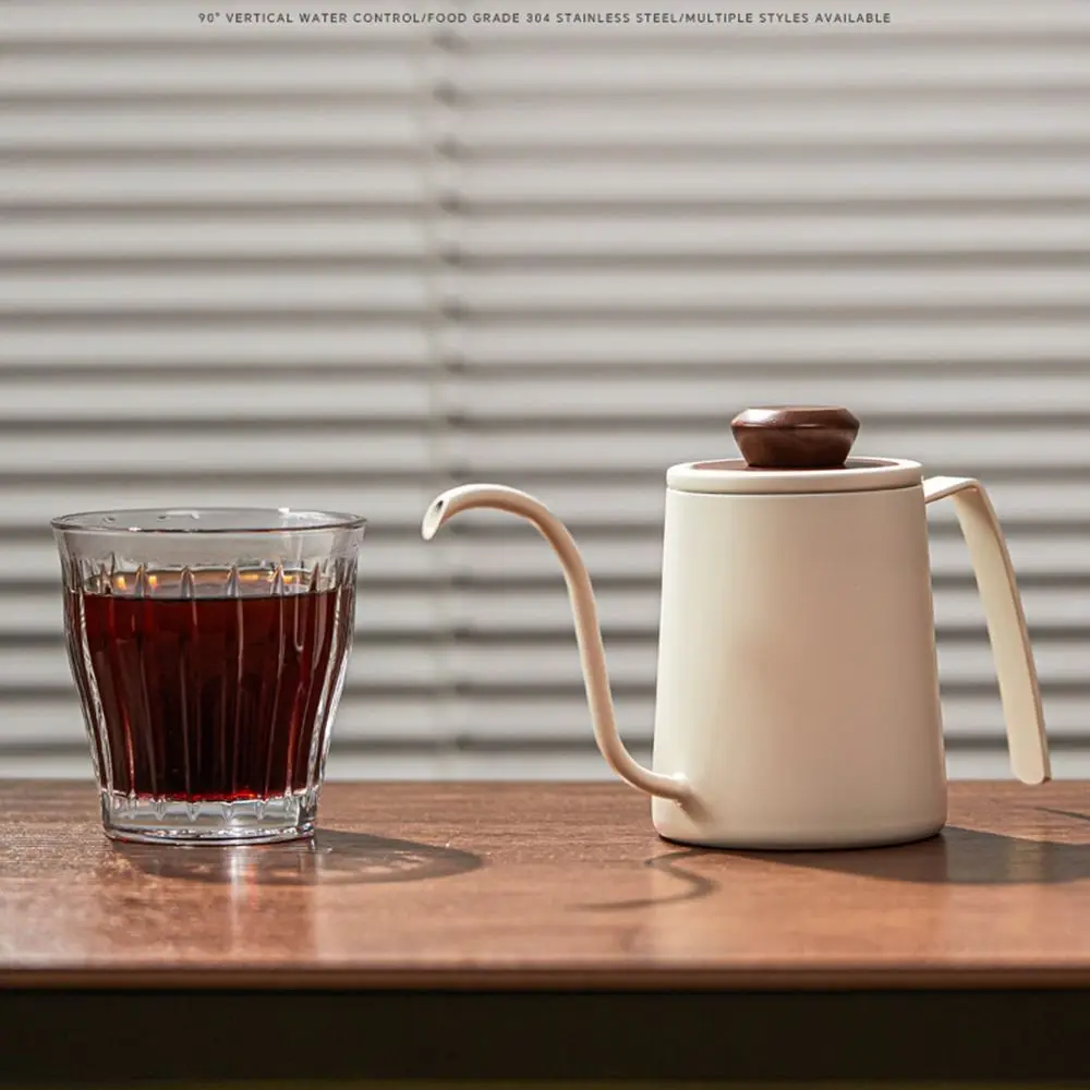 

304 Stainless Steel Goose Neck Coffee Pot Drip Spout Wood Lid Long Narrow Drip Carafe Anti-scald with Handle