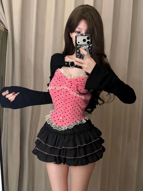 Y2K Millennium Style Polka Dot Strap Top Black Puffy Skirt Cardigan Set Early Autumn Girl Sensation Three Piece Suite