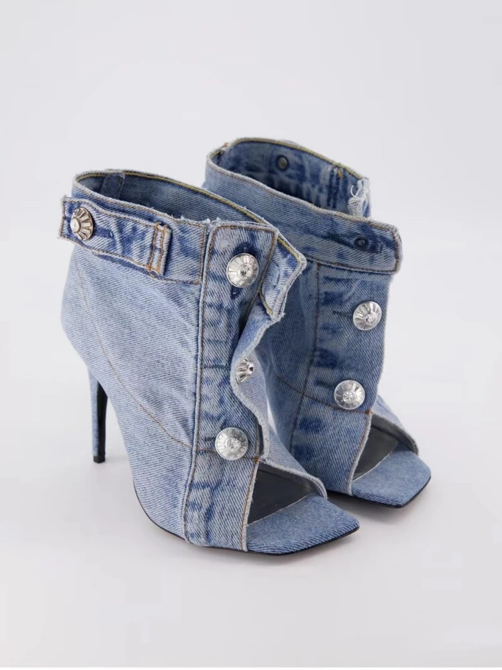 2023 New Brand Big Diamond Denim Jeans Thin High Heels Sandals Boots Women Peep Toe Slip-on Summer Dress Runway Designer Shoes