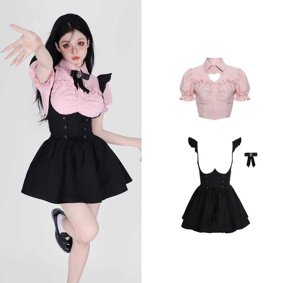 [Olmee] In Stock Jirai Kei Overall Sweet Heart Dress Japanese Lolita Mine Style Pinafore Skirt Pink Kawaii y2k Kawaii Girly Belt