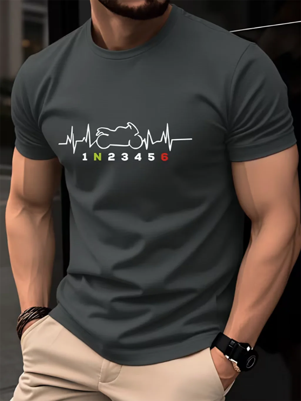 Motorbike Heartbeat 1N23456 Six-Gear Motorcycle Print Men's Quick-Dry Short Sleeve T-Shirt