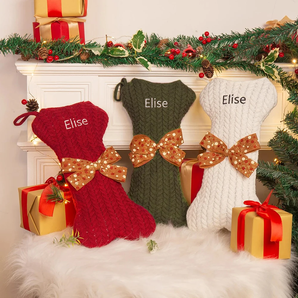 

Personalized Dog Christmas Stockings Bone Shape Custom Christmas Pet Stockings Knitting Snack Storage Christmas Tree Decor