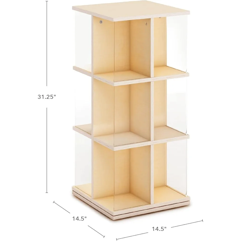 Rotating Book Display - Birch: Spinning Plywood Storage Bookshelf with Acrylic Windows for Kids Classroom, Playroom, or Bedroom