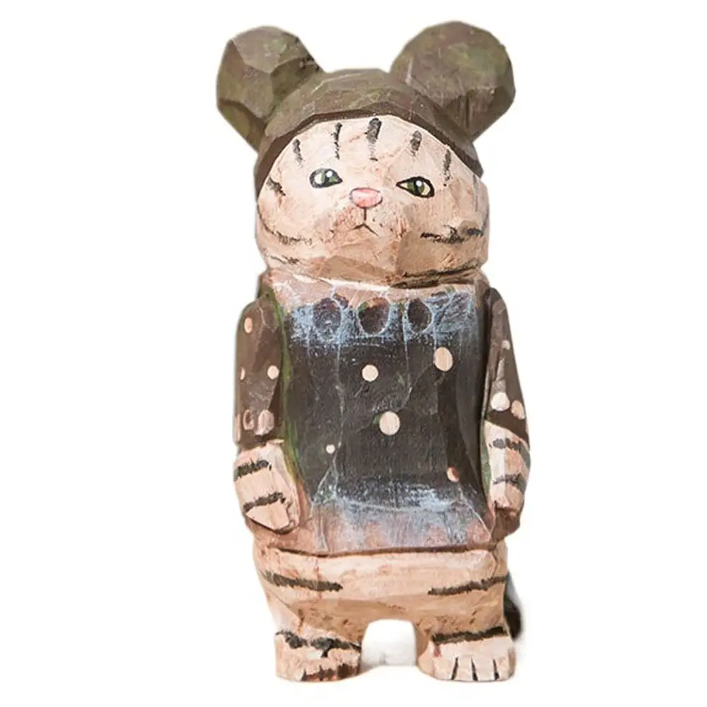 Ornement de chat de dessin animé peint à la main en bois massif, sculpté de style simple, petit et mignon