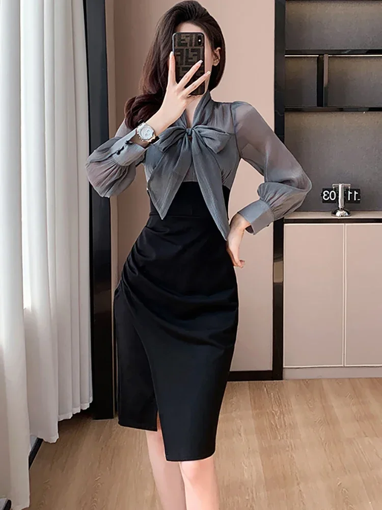 Black Patchwork White Bow Collar Office Lady Dress Autumn Winter Elegnat Bodycon Formal Dress 2024 Korean Vintage Evening Dress