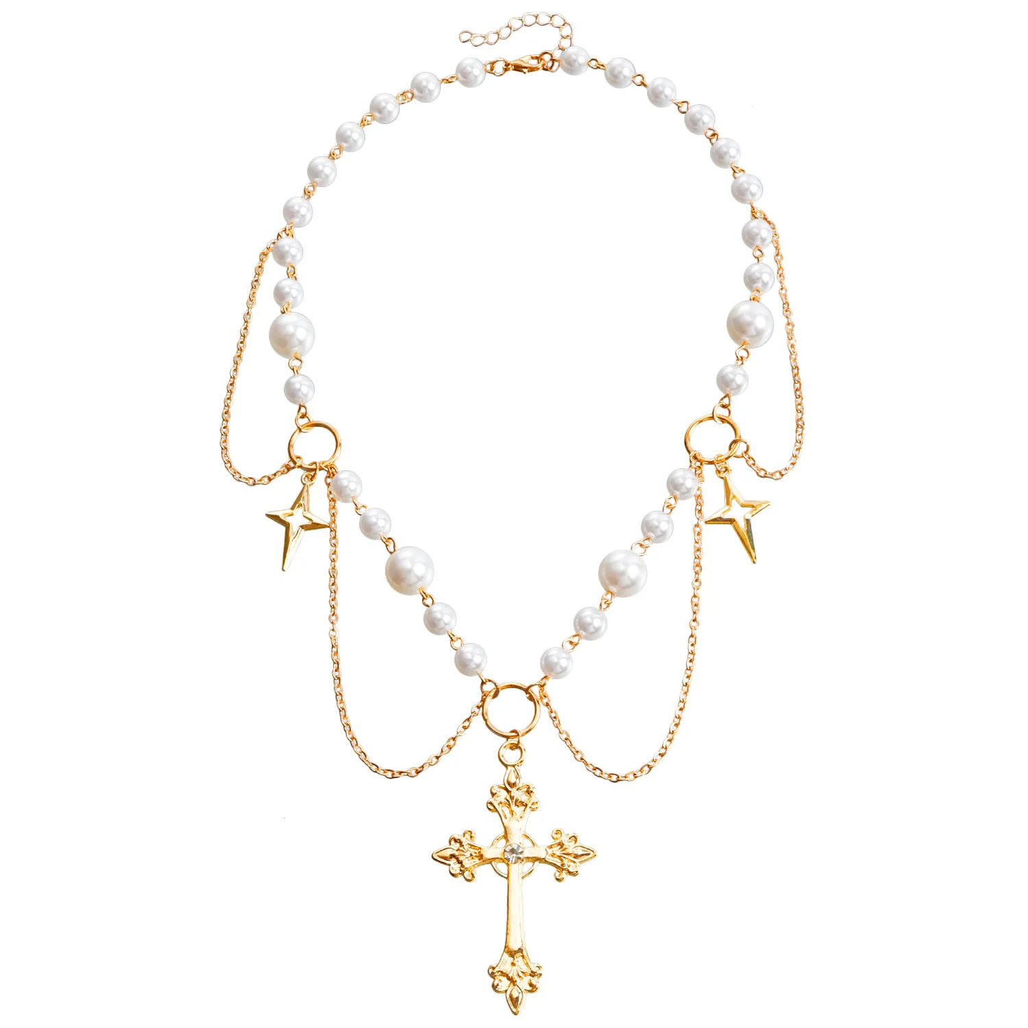 

Double Layer Necklace Pearl Tassel Cross Star Cross Clavicle Chain Jewelry Party Girls Accessories