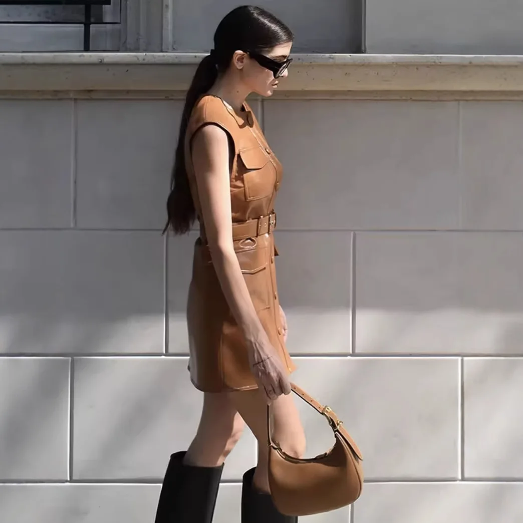 سترة جلدية أنيقة باللون البني بدون أكمام للنساء، سترات متوسطة الطول بحزام صدر واحد، ملابس يومية للشارع للسيدات #2
